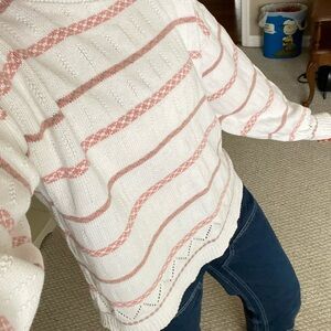 Vintage White Sweater with Pink & Green Stripes